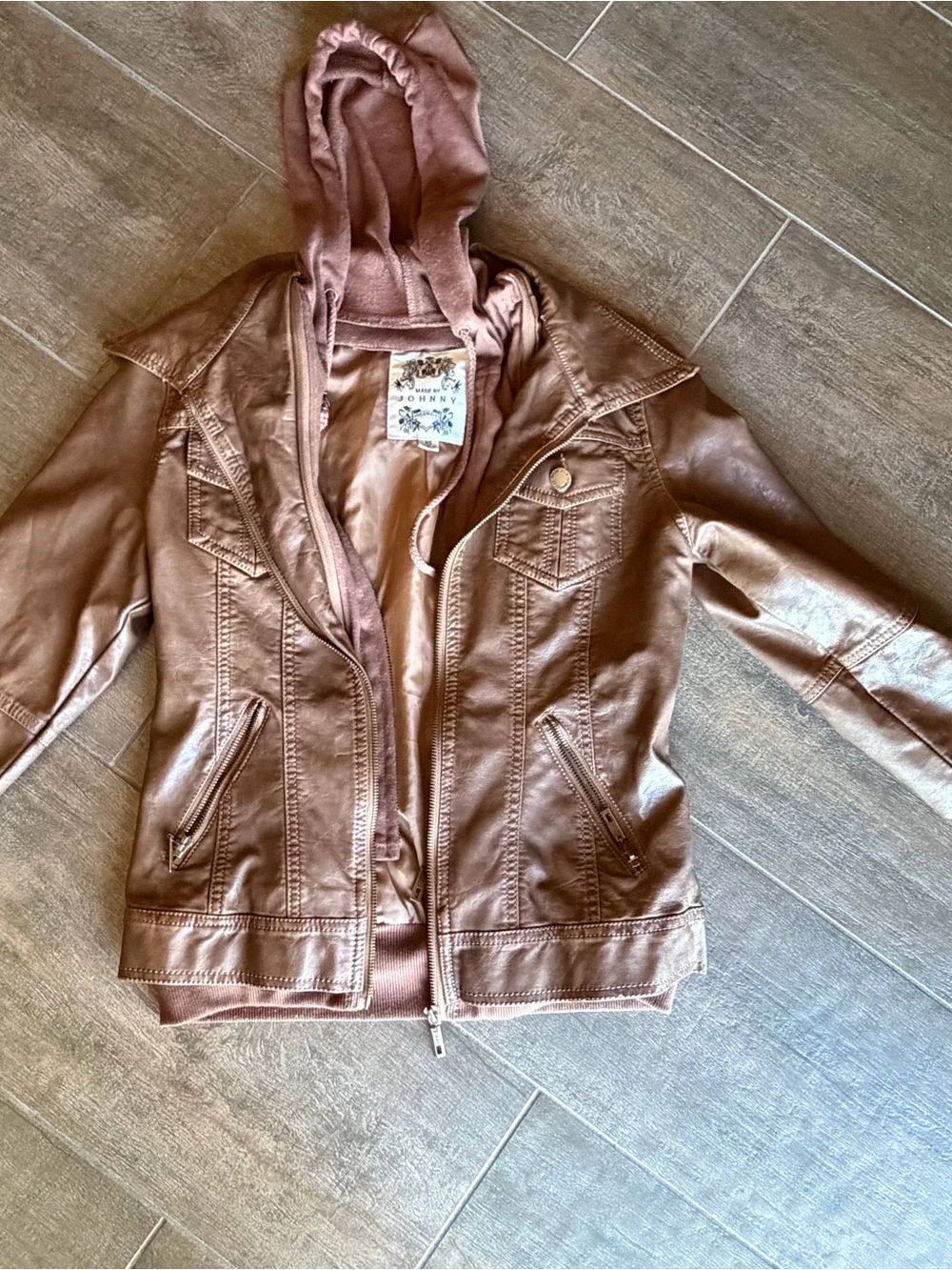 Women’s Brown Faux Leather Hooded Jacket - Unbranded